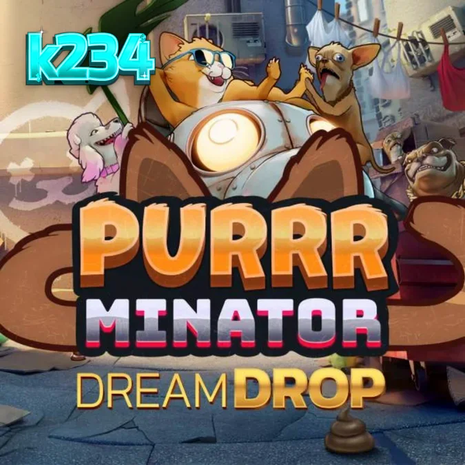 Purrrminator Dream Drop slot theme featuring a robotic cat hero in a neon dystopian alleyway.